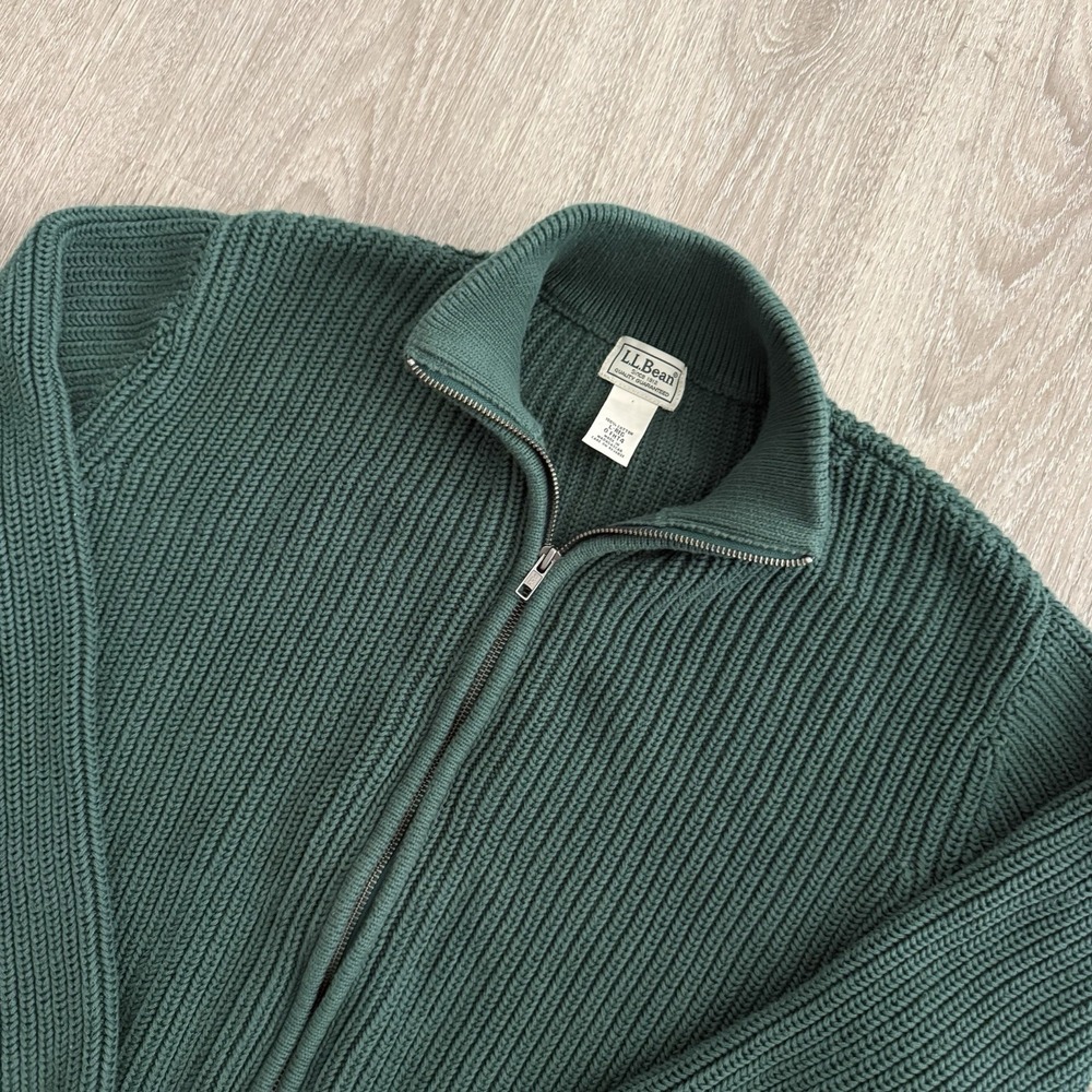LL Bean Cotton Full Zip Sweater Cardigan Green Ribbed Knit Mock Neck Mens L Reg - Picture 11 of 16